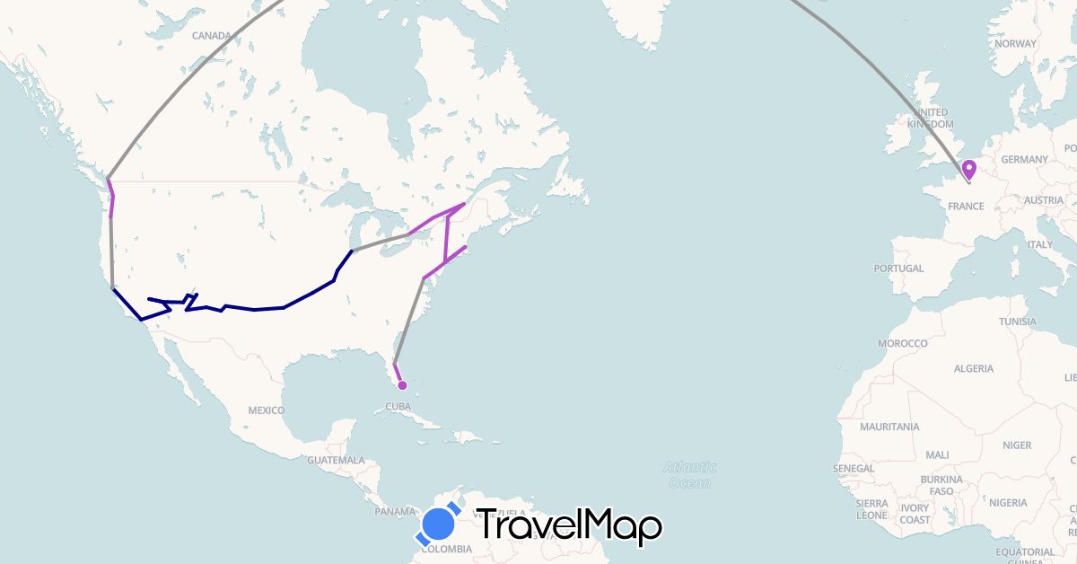 TravelMap itinerary: driving, plane, train in Canada, France, United States (Europe, North America)